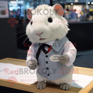 White Guinea Pig mascot costume character dressed with a Blouse and Lapel pins