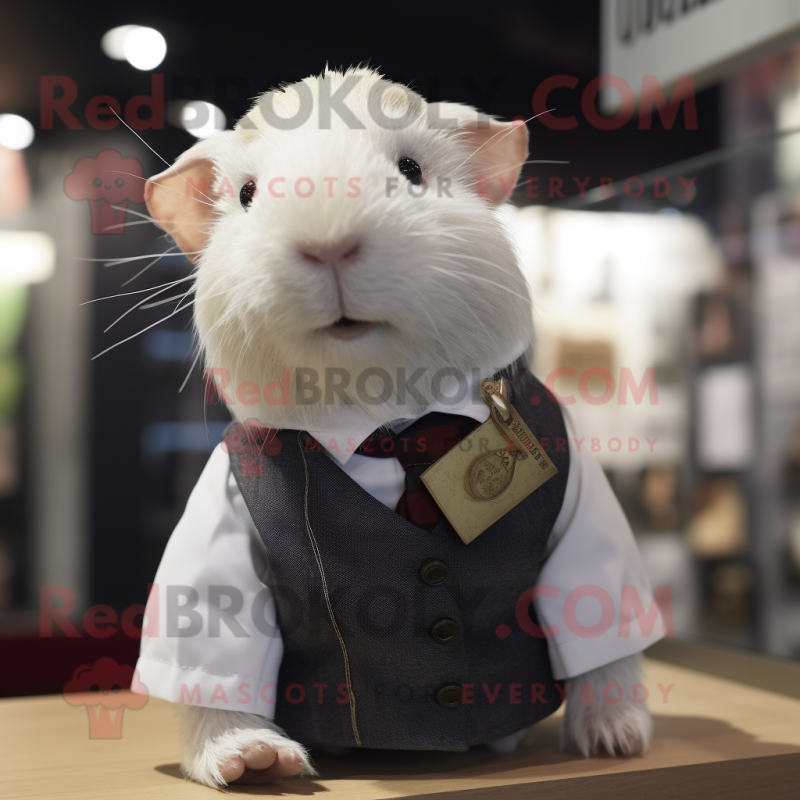 White Guinea Pig mascot costume character dressed with a Blouse and Lapel pins