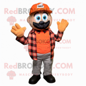 Orange Para Commando mascot costume character dressed with a Flannel Shirt and Beanies