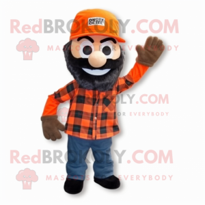Orange Para Commando mascot costume character dressed with a Flannel Shirt and Beanies