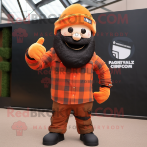 Orange Para Commando mascot costume character dressed with a Flannel Shirt and Beanies