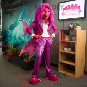 Maskotfigur av en magenta...