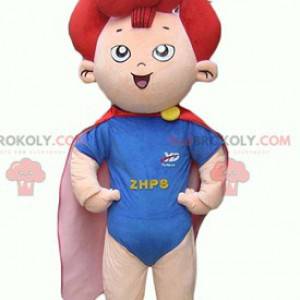 Kindmascotte van een kleine superheld met rood haar -