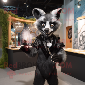 Black Civet mascot costume character dressed with a Dress and Lapel pins