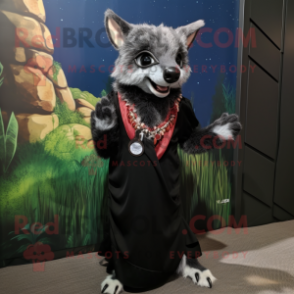 Black Civet mascot costume character dressed with a Dress and Lapel pins