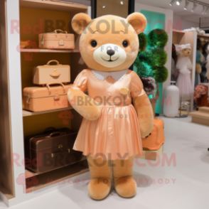 Peach Teddy Bear mascot costume character dressed with a Dress and Handbags
