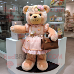 Peach Teddy Bear mascot costume character dressed with a Dress and Handbags