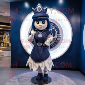 Navy Celtic Shield mascot costume character dressed with a Skirt and Rings