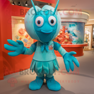 Turquoise Lobster Bisque mascot costume character dressed with a Playsuit and Hair clips