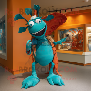 Turquoise Lobster Bisque mascot costume character dressed with a Playsuit and Hair clips