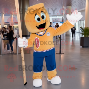 Tan Ice Hockey Stick mascot costume character dressed with a Flare Jeans and Messenger bags