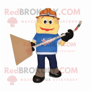 Tan Ice Hockey Stick mascot costume character dressed with a Flare Jeans and Messenger bags