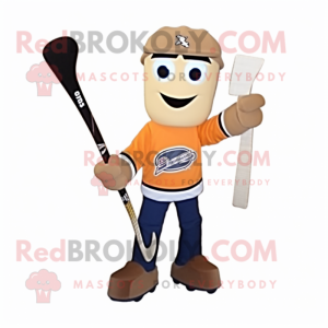 Tan Ice Hockey Stick mascot costume character dressed with a Flare Jeans and Messenger bags