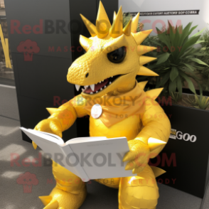 Gold Stegosaurus mascot costume character dressed with a Cover-up and Reading glasses