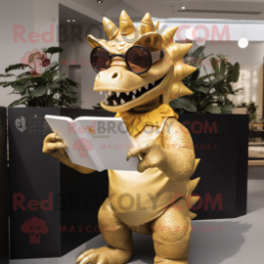 Gold Stegosaurus mascot costume character dressed with a Cover-up and Reading glasses