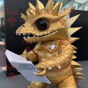 Gold Stegosaurus mascot costume character dressed with a Cover-up and Reading glasses