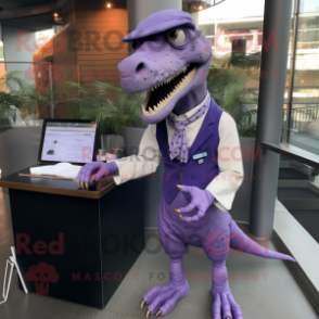 Lavender T Rex mascot costume character dressed with a Pencil Skirt and Watches