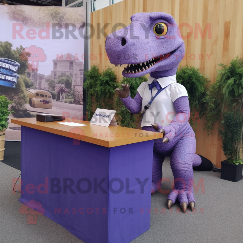 Lavender T Rex mascot costume character dressed with a Pencil Skirt and Watches Lavender T Rex mascot costume character dressed with a Pencil Skirt and Watches