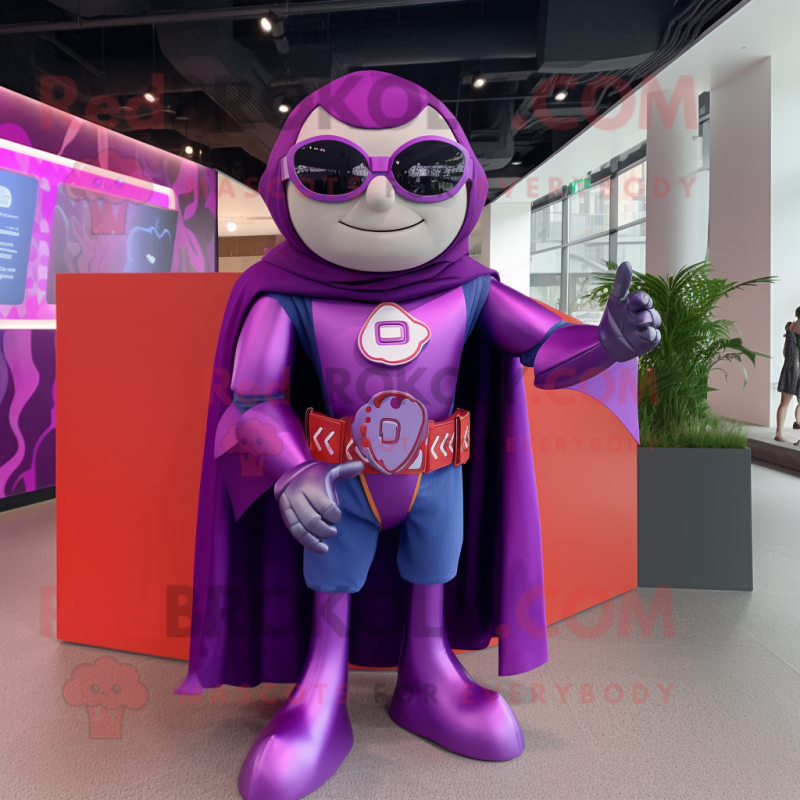 Purple Superhero mascot costume character dressed with a Blouse and Necklaces