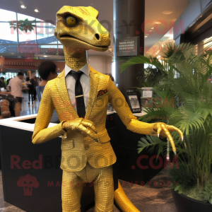 Gold Coelophysis mascot costume character dressed with a Suit Pants and Hairpins