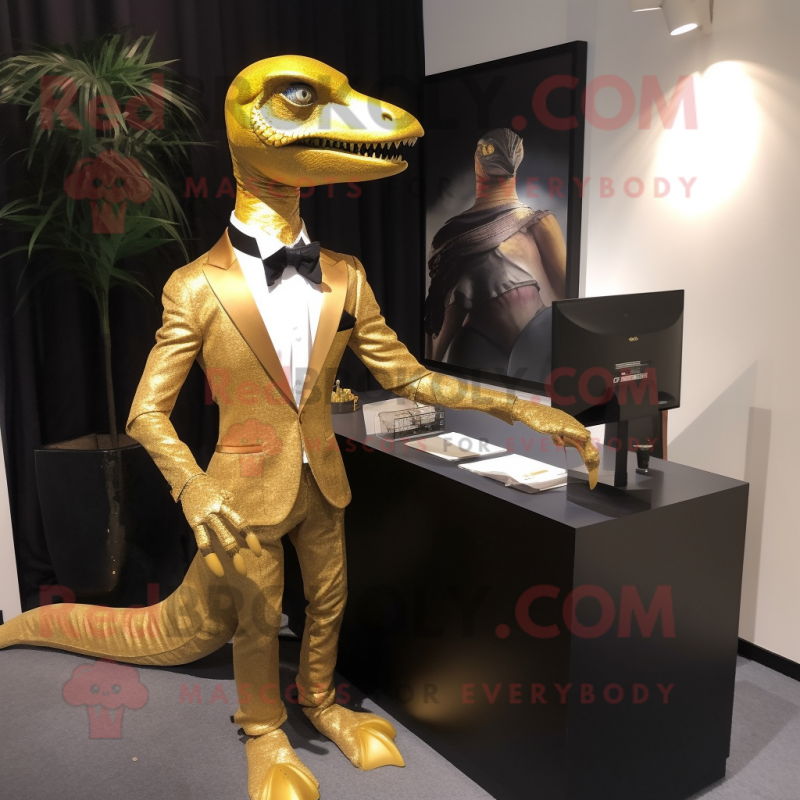 Gold Coelophysis mascot costume character dressed with a Suit Pants and Hairpins