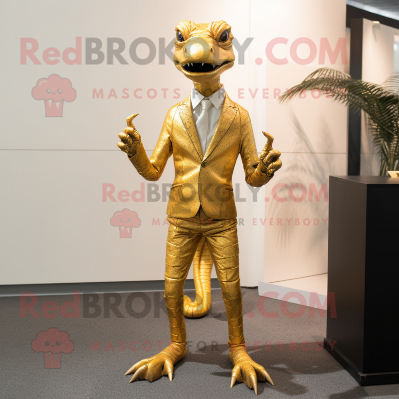 Gold Coelophysis mascot costume character dressed with a Suit Pants and Hairpins Gold Coelophysis mascot costume character dressed with a Suit Pants and Hairpins