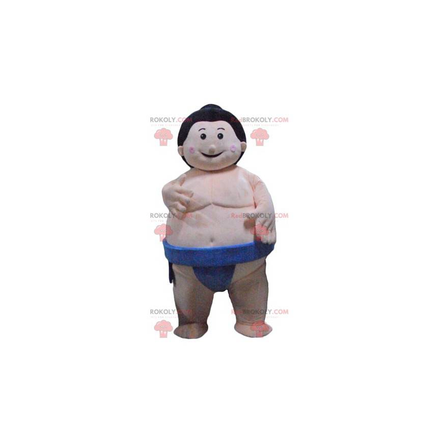 Mascote de sumô de lutador gordo japonês com cueca azul -