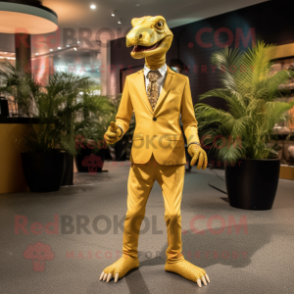 Gold Coelophysis mascot costume character dressed with a Suit Pants and Hairpins