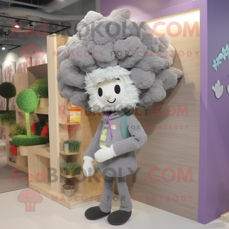 Gray Cauliflower mascot costume character dressed with a Cardigan and Hair clips Gray Cauliflower mascot costume character dressed with a Cardigan and Hair clips