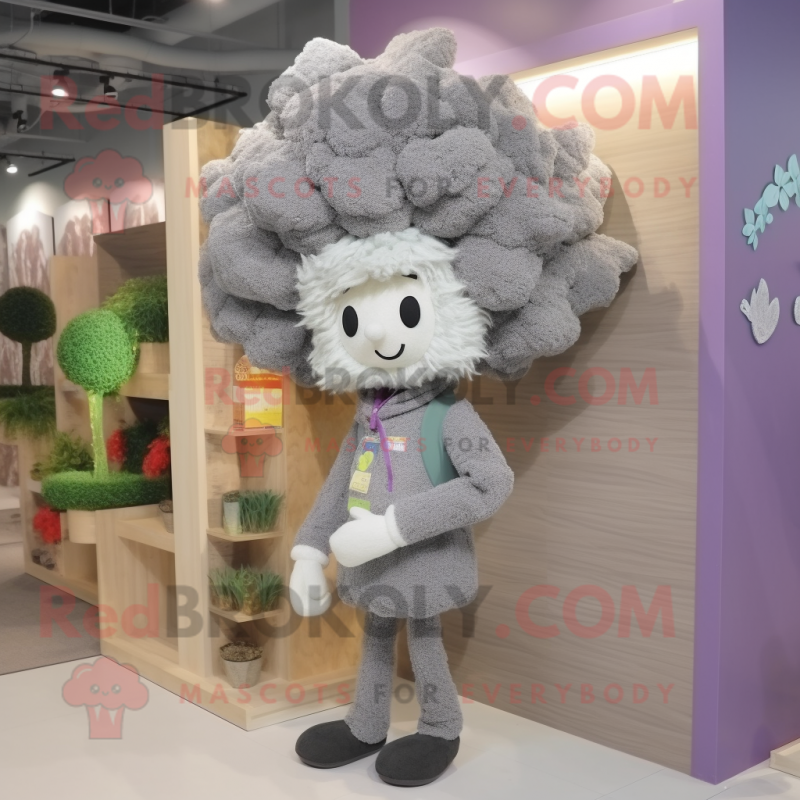 Gray Cauliflower mascot costume character dressed with a Cardigan and Hair clips