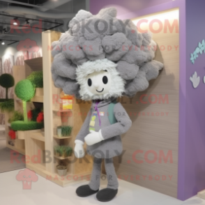 Gray Cauliflower mascot costume character dressed with a Cardigan and Hair clips