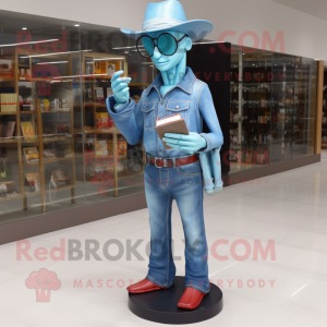 Sky Blue Undead mascot costume character dressed with a Flare Jeans and Reading glasses