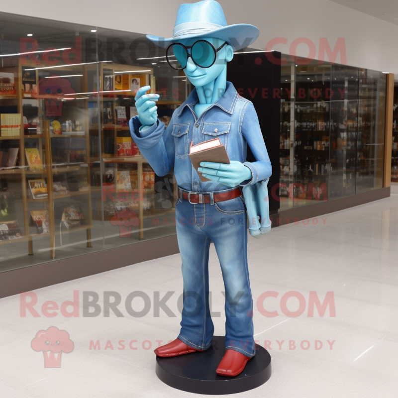 Sky Blue Undead mascot costume character dressed with a Flare Jeans and Reading glasses