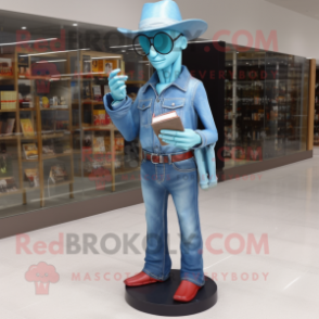 Sky Blue Undead mascot costume character dressed with a Flare Jeans and Reading glasses