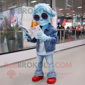 Sky Blue Undead mascot costume character dressed with a Flare Jeans and Reading glasses