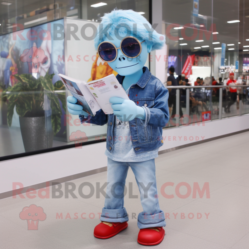 Sky Blue Undead mascot costume character dressed with a Flare Jeans and Reading glasses Sky Blue Undead mascot costume character dressed with a Flare Jeans and Reading glasses