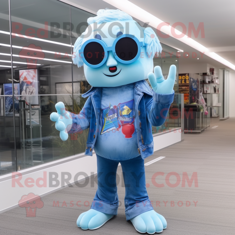 Sky Blue Undead mascot costume character dressed with a Flare Jeans and Reading glasses