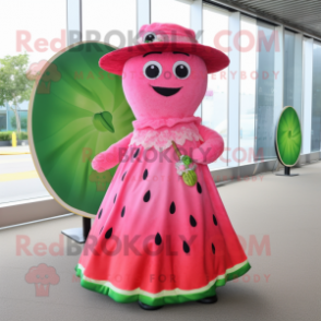 Pink Watermelon mascot costume character dressed with a Maxi Dress and Lapel pins