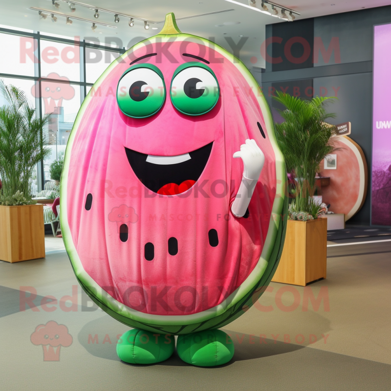 Pink Watermelon mascot costume character dressed with a Maxi Dress and Lapel pins