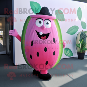 Pink Watermelon mascot costume character dressed with a Maxi Dress and Lapel pins