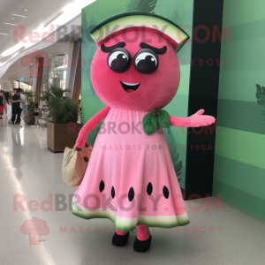 Pink Watermelon mascot costume character dressed with a Maxi Dress and Lapel pins