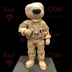Beige Para Commando mascot costume character dressed with a Poplin Shirt and Wraps