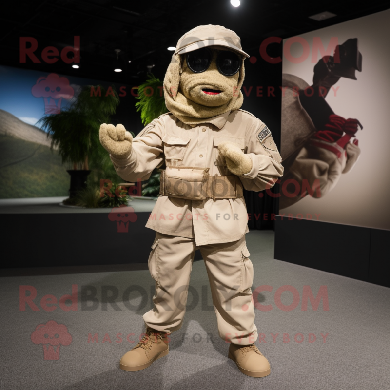 Beige Para Commando mascot costume character dressed with a Poplin Shirt and Wraps