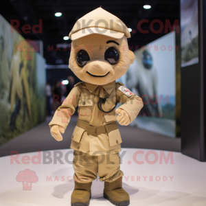 Beige Para Commando mascot costume character dressed with a Poplin Shirt and Wraps