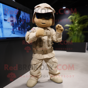 Beige Para Commando mascot costume character dressed with a Poplin Shirt and Wraps