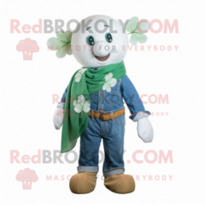 White Bunch Of Shamrocks mascot costume character dressed with a Denim Shirt and Scarf clips