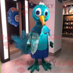 Maskotfigur af en cyan...