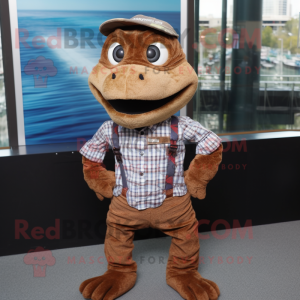 Brown Lizard mascot costume character dressed with a Flannel Shirt and Cufflinks