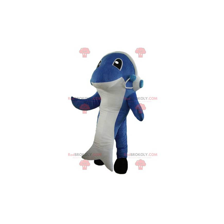 Mascote tubarão-golfinho azul e branco - Redbrokoly.com
