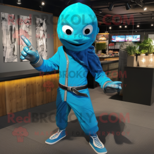 Cyan Knife Thrower mascot costume character dressed with a Coat and Bracelets